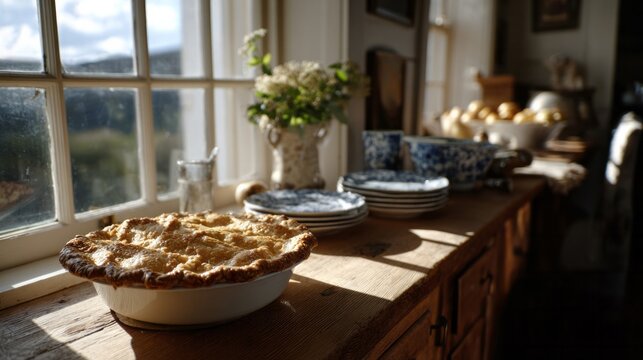 Rustic apple pie basks in golden sunlight, evoking harvest nostalgia, cozy New England afternoons, and National Pie Day allure