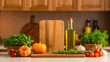 Colorful vegetables and herbs on a kitchen counter ready for cooking