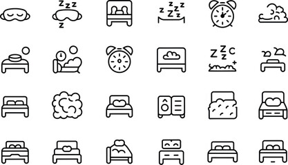 Cozy bedroom icons for restful sleep and relaxation, perfect for wellness apps and sleep aid products, designed with a modern minimalist style