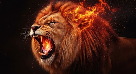 Naklejka premium Magnificent lion portrait with a fiery mane showcasing strength and untamed beauty