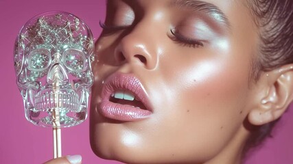 Woman with glossy pink skin and shimmering makeup, holding a translucent candy skull - Powered by Adobe