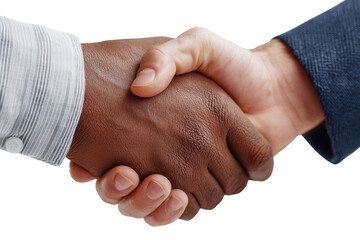 Two people with different skin colors in a handshake on transparent background