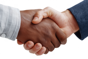Two people with different skin colors in a handshake on transparent background