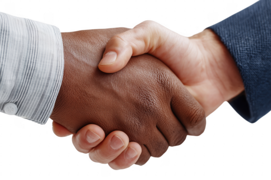 Two people with different skin colors in a handshake on transparent background