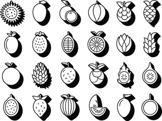 Fresh fruit assortment, trendy minimalist icons for healthy lifestyle, clean eating, and vibrant summer designs. Ideal for food blogs and wellness brands