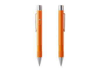 Two stylish orange ballpoint pens with silver accents on a plain transparent background