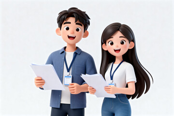 Two Cartoon Colleagues Holding Documents