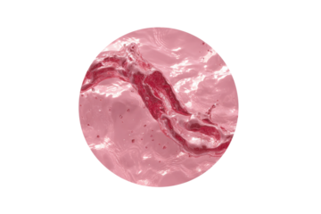 Abstract pink fluid motion in a circular frame with splashes and rippled texture, cut out