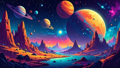 Colorful alien landscape with vibrant planets