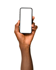 A hand holding up a smartphone vertically against a transparent background. The phone screen is blank and black, making it perfect for mockups, app designs, or advertisement displays.
