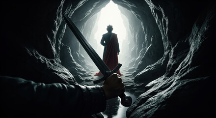 Obraz na płótnie Canvas David spares King Saul. A tense biblical scene of mercy, honor, and a life-or-death choice from inside a dark cave.