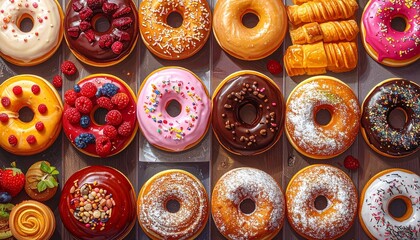 Colorful collection of donuts and sweets for bakery and food themes.