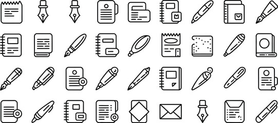 Assorted stationery vector icons for modern office. Pens, notebooks, and documents representing organization, communication, and efficient workflow solutions