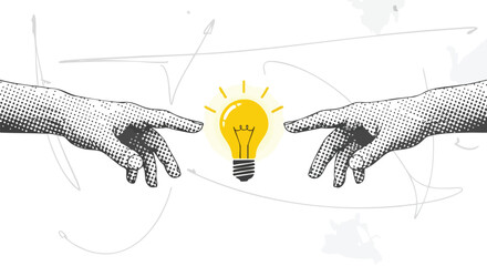 Two hands reaching towards a glowing lightbulb, symbolizing the creation of an idea, innovation, and collaboration.