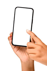 A hand holding a smartphone with the other hand pointing at the blank screen, isolated on a transparent background.