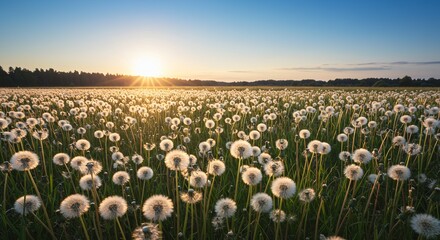 Golden sunset bathes vast field of fluffy dandelions in warm, magical light
