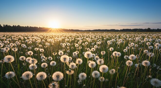 Golden sunset bathes vast field of fluffy dandelions in warm, magical light - Powered by Adobe