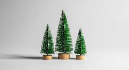 Three miniature bottle brush Christmas trees on white background.