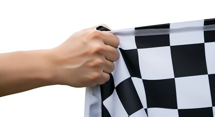 A hand holds the checkered flag, signifying a competition's completion.