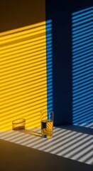 A glass of amber liquid sits on a surface, casting a shadow under striped light from blinds.