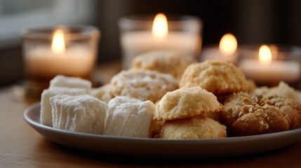 Aromatic candles flicker by a plate of assorted cookies, evoking Eid delights and Diwali warmth, invoking festive unity