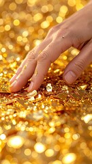 Hand Touching Golden Glitter, Close Up