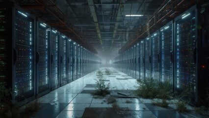 Obraz premium Server room with overgrown plants and technology