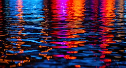 Abstract reflection of colorful lights on rippling water.