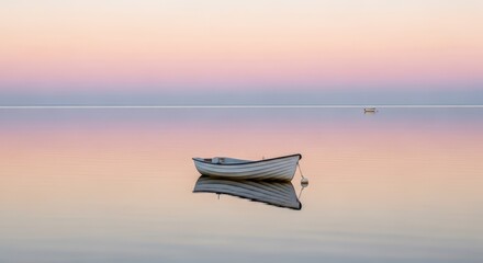 A lone white rowboat floats serenely on calm water reflecting the soft pastel colors of a sunrise or sunset sky.