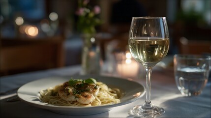 Elegant candlelit dinner dance of shrimp linguine entwined in romance beside a golden chalice, evoking Valentine's Eve and Gita Jayanti