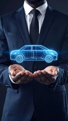 Businessman holds a digital car model in his hands