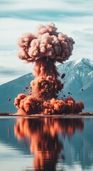 Massive pink explosion over calm lake and mountains.