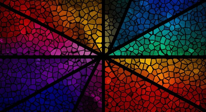 Vibrant stained glass kaleidoscope effect with rainbow color segments and intricate mosaic patterns