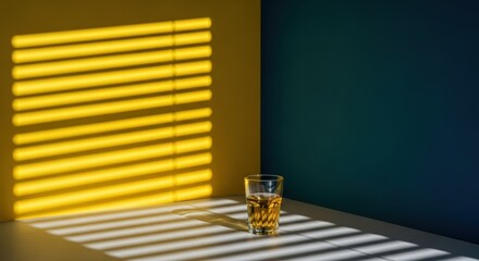 Glass of amber liquid on table, yellow and teal wall, sunlight stripes.