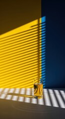 A glass of water with lemon sits on a white surface, casting a long shadow from bright sunlight filtering through window blinds against a yellow and blue wall.
