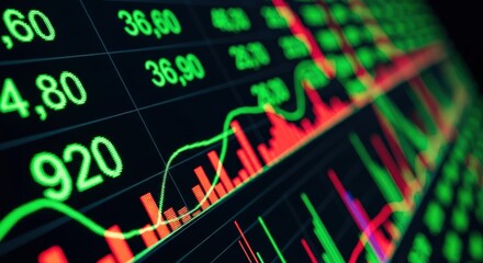 A close-up view of a stock market trading screen displaying fluctuating financial data and charts.