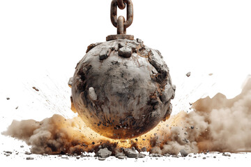 Wrecking ball demolishing an object with dust explosion and sparks isolated on transparent