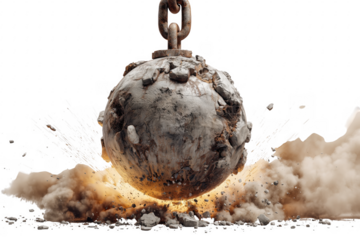 Wrecking ball demolishing an object with dust explosion and sparks isolated on transparent