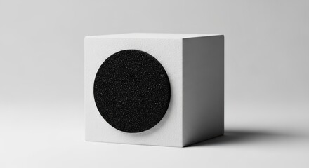 Black circle on a white cube, minimalist design.