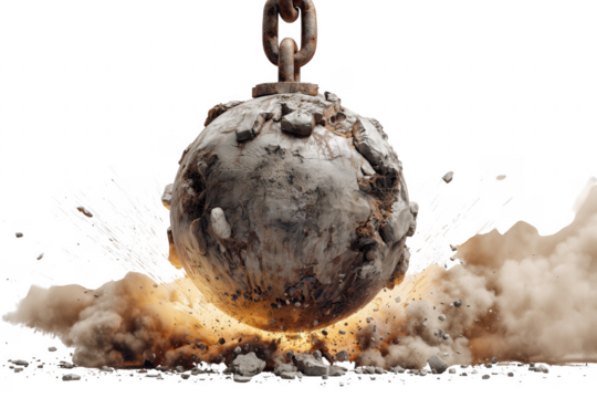 Wrecking ball demolishing an object with dust explosion and sparks isolated on transparent