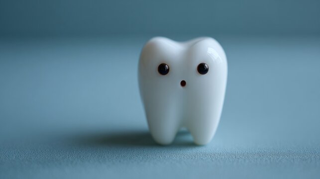 Cute anthropomorphic tooth figurine with a surprised expression captures quirky dental health reminders and Dia de los Muertos charm