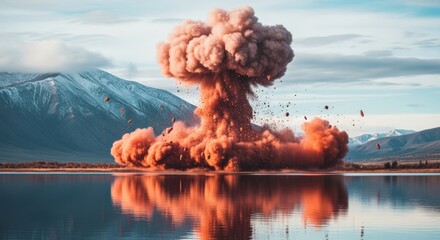 Large explosion over a lake, with a mushroom cloud of pink smoke, reflecting in the water, against a backdrop of mountains.