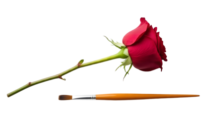 Creative Flat Lay Composition of Red Roses and Paint Brush Isolated on White Background