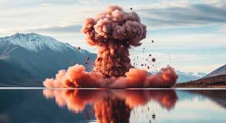 A massive mushroom cloud explosion erupts from a body of water, reflecting the fiery spectacle.