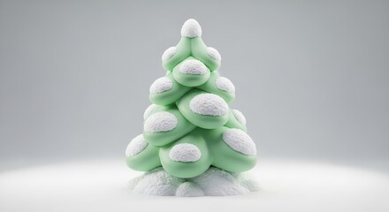 Mint green Christmas tree made of marshmallows with snow on a white background.