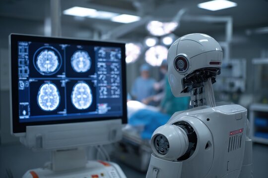 A robot is examining the patient's brain images on the monitor in an operating room