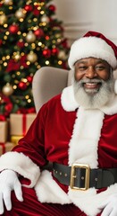 African American Santa Claus seated in front of a Christmas tree, smiling warmly.