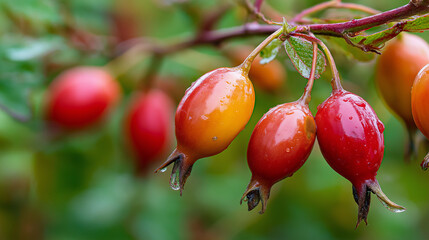 Close-up of ripe, bright rose hips. Symbolizes growing natural vitamins for cold prevention,...