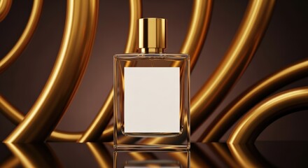 Elegant clear glass perfume bottle with gold cap and blank label, set against a luxurious background of abstract golden tubes.