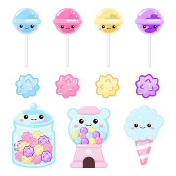 Cute colorful lollipop, cotton candy and konpeito in glass jar clip art